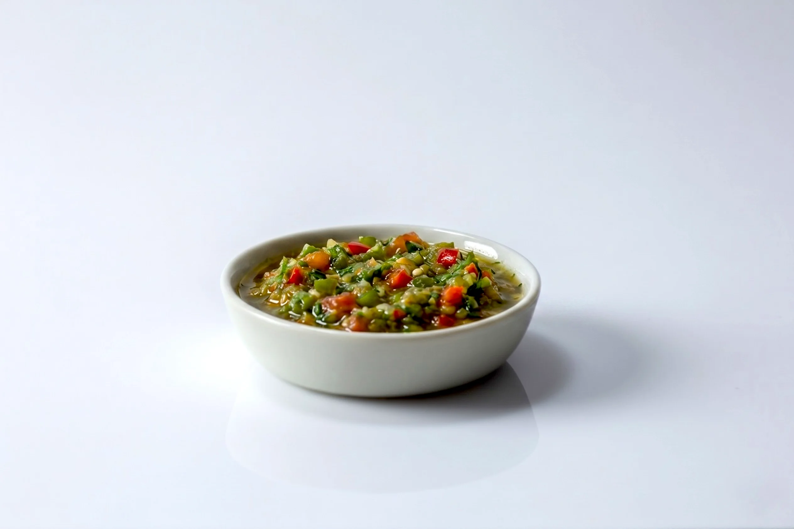 A small white ceramic bowl filled with sofrito — a colorful blend of cooked green herbs, red peppers, and vegetables — on a white reflective surface against a light grey background.