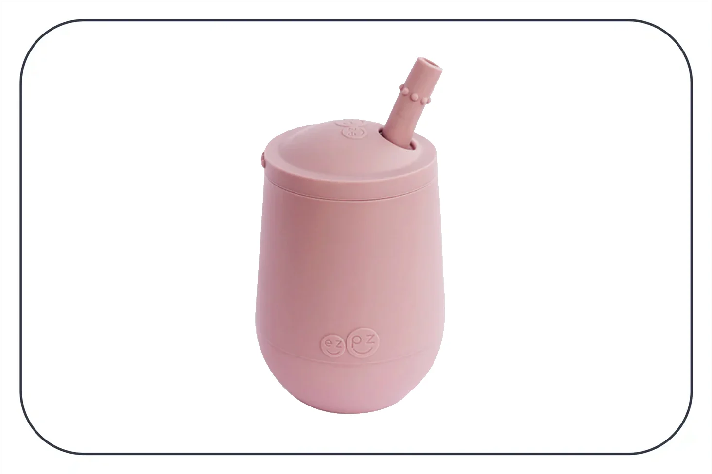 a photograph of a pink EZPZ silicone cup with a lid and straw