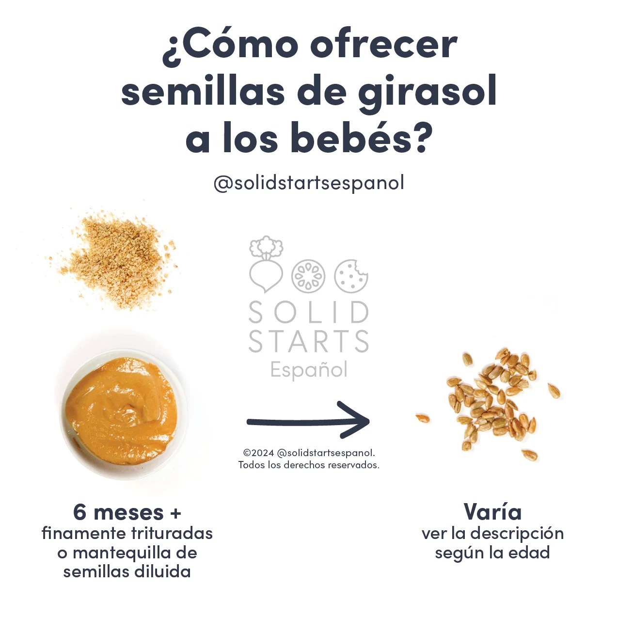 a Solid Starts infographic with the header How to Serve Sunflower Seeds to Babies: finely ground or thinned-out seed butter for 6 mos+, and age varies for whole seeds