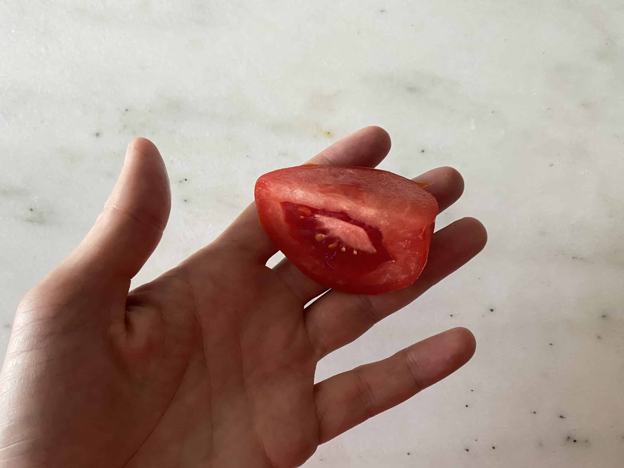 hand holding one tomato wedge