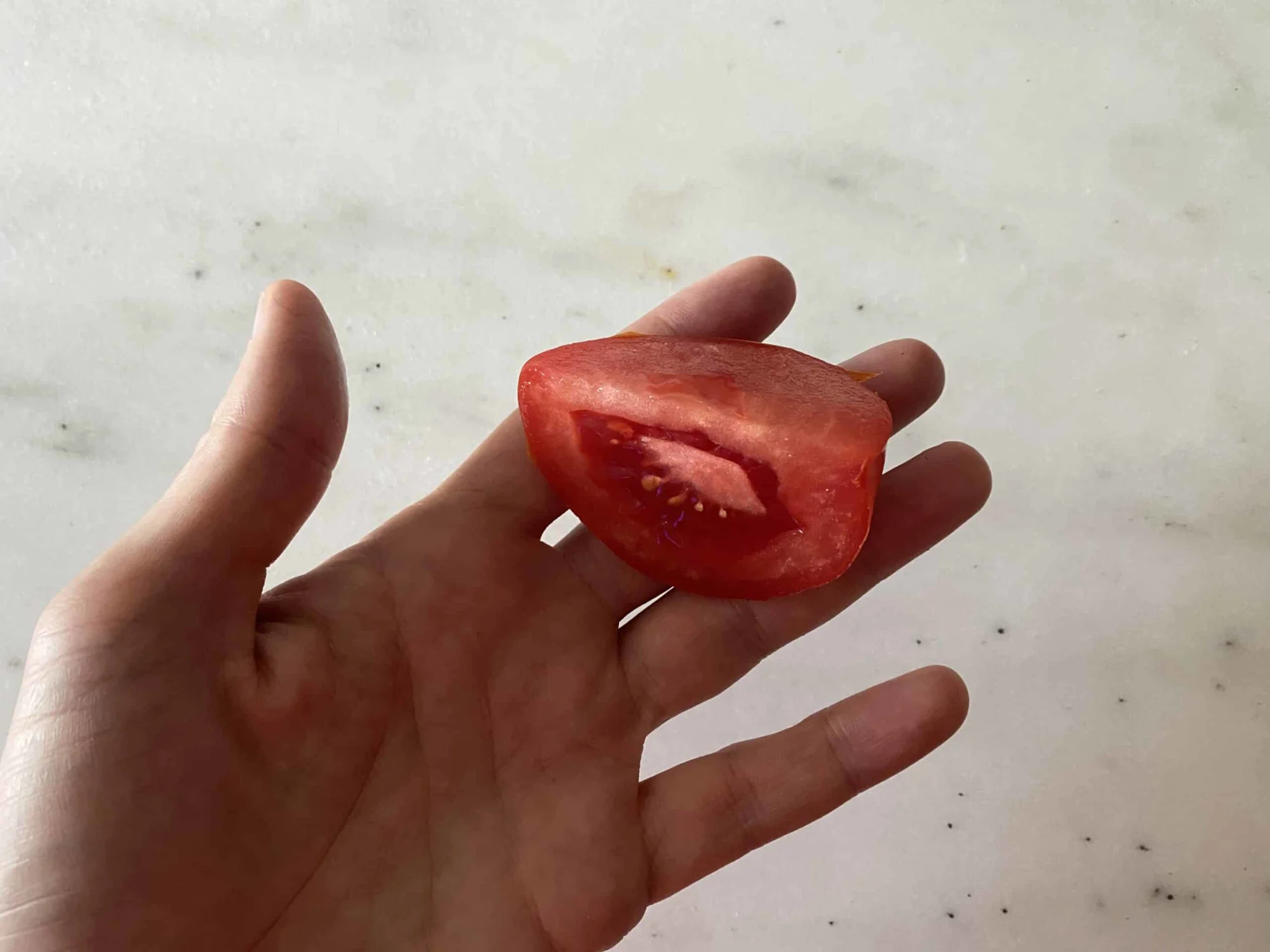 Una mano sosteniendo un gajo de tomate. 