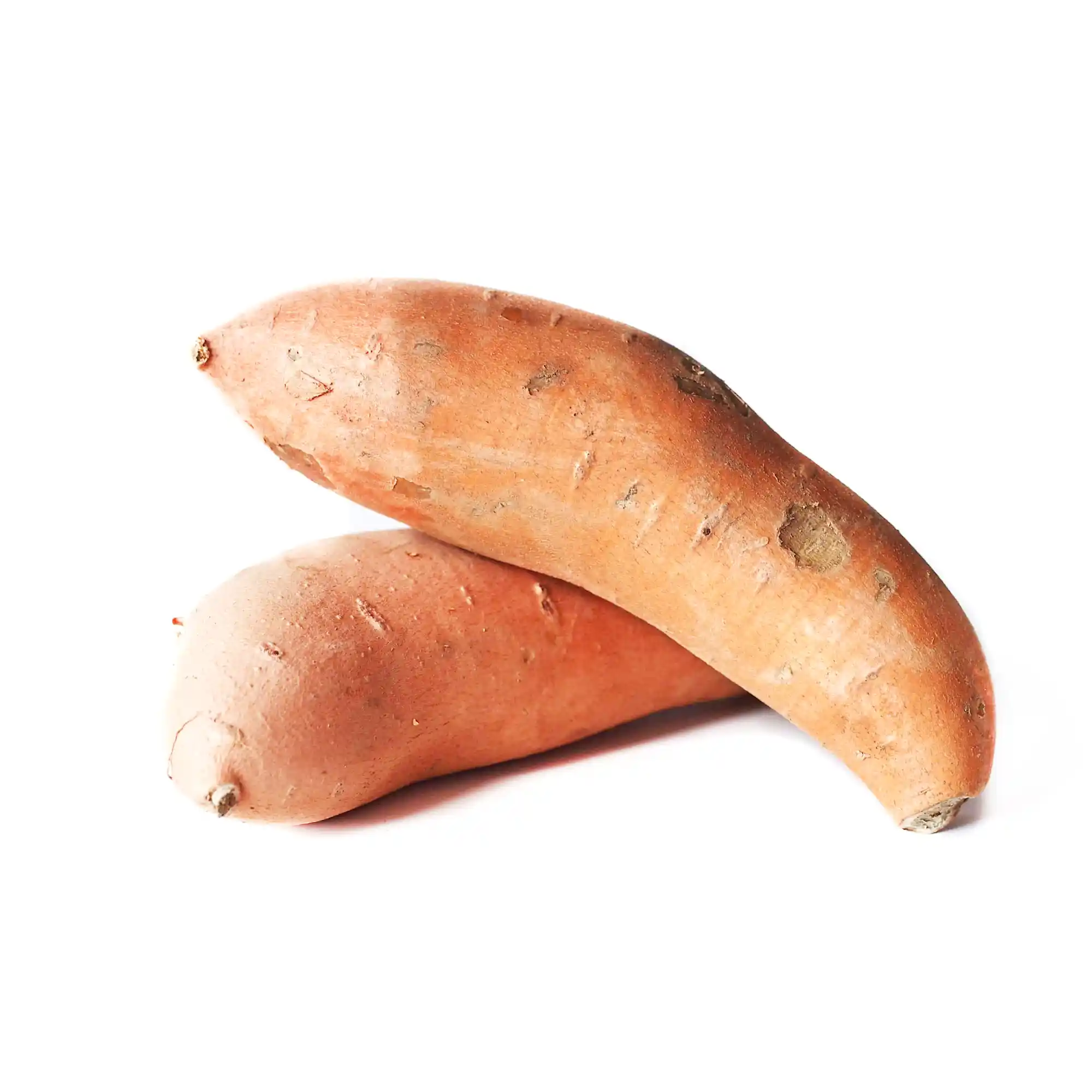 a photograph of two whole raw sweet potatoes on a white background