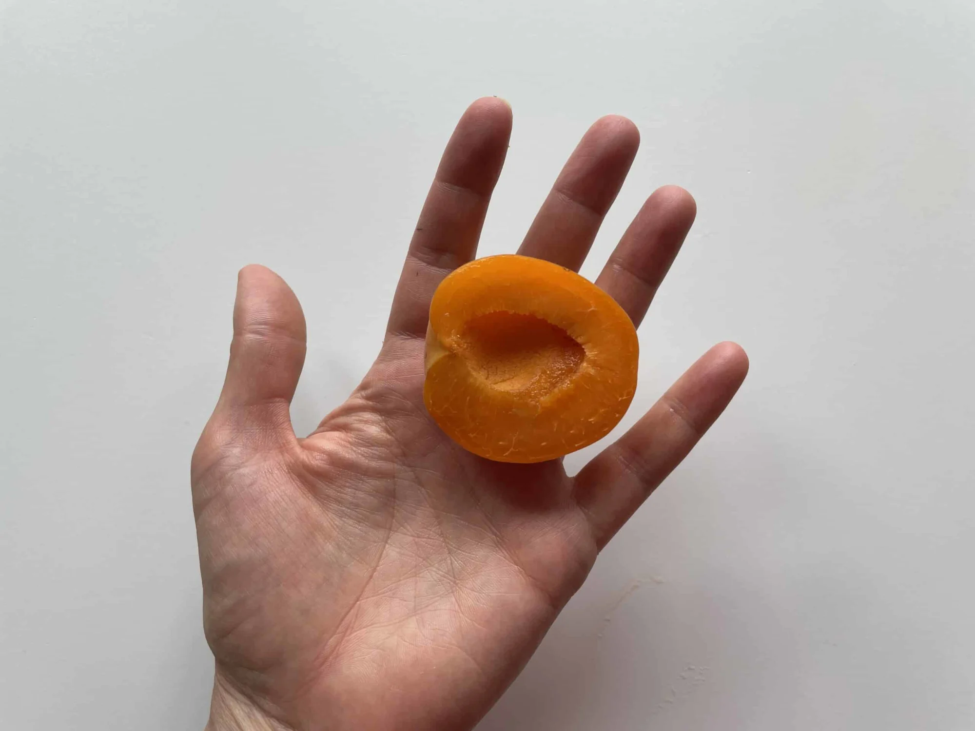 a hand holding a ripe half of an apricot