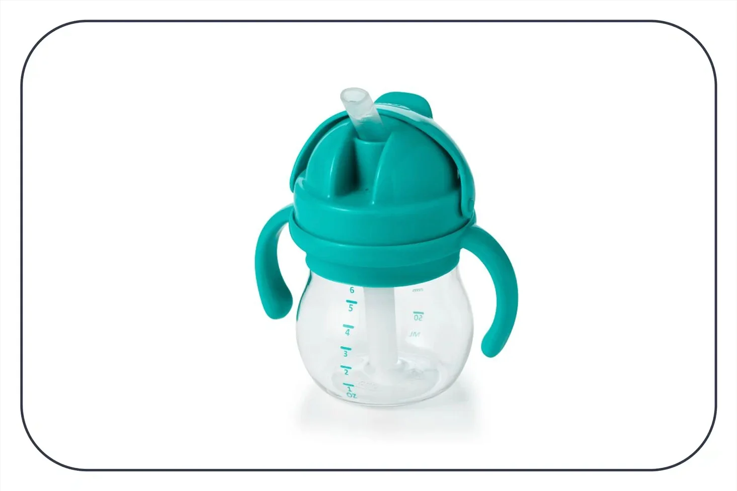 a photograph of an OXO Tot straw cup with a clear bottom and teal top