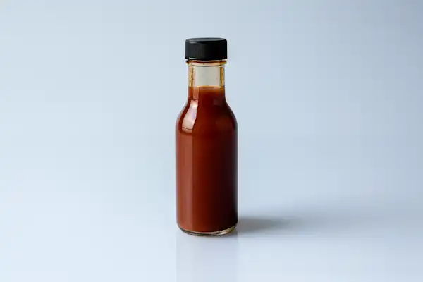 a photograph of a small glass bottle of red hot sauce and a small puddle of hot sauce on the surface