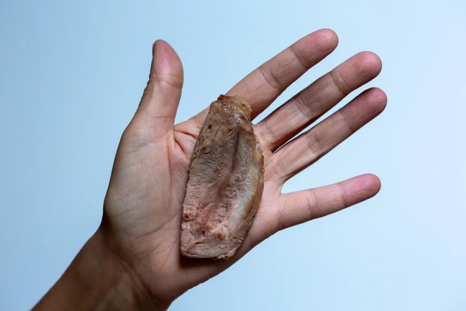 a hand holding a strip of freshly cooked ham for babies 6 months+