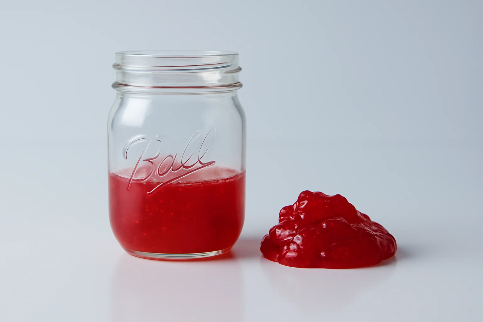 a photograph of a ball jar with jelly in it next to a small pile of red jelly