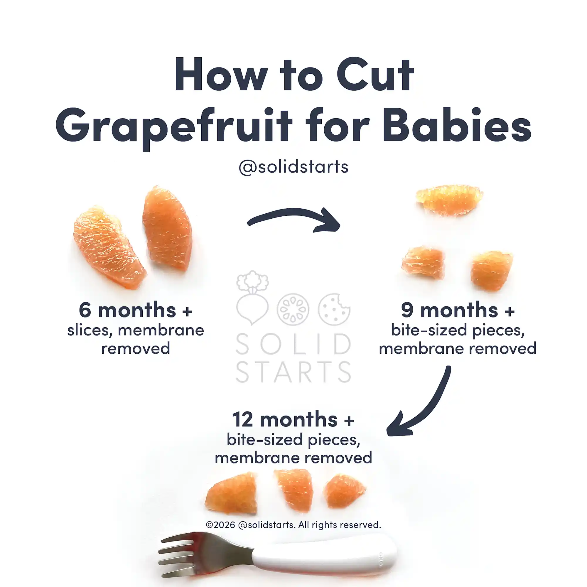 a Solid Starts infographic with the header How to Cut Grapefruit for Babies: slices with membrane and peel removed for babies 6-8 months+, bite-sized pieces with membrane and peel removed for 9-12 mos+, and bite-sized pieces with membrane and peel removed