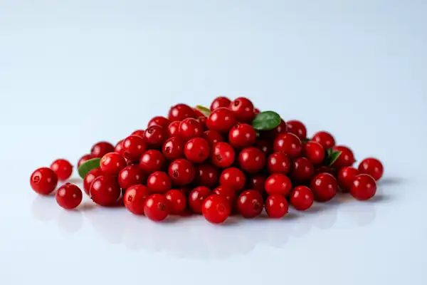a photograph of a pile of whole raw lingonberries on a white background