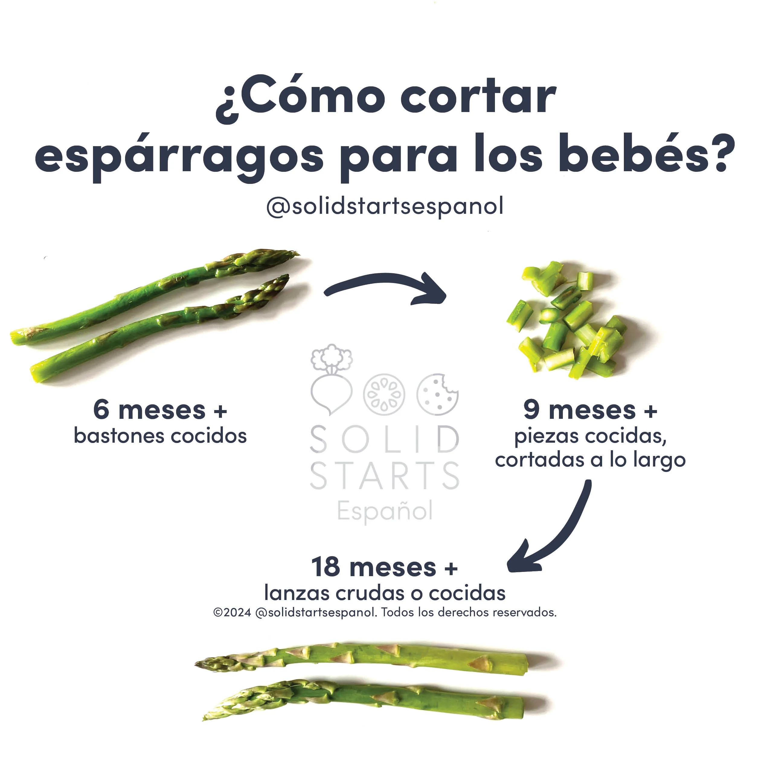 an infographic with the header "how to cut asparagus for babies: a whole cooked spear for babies 6 months+, cut lengthwise and roughly chopped for babies 9 months+, raw or cooked spears for 18 months+