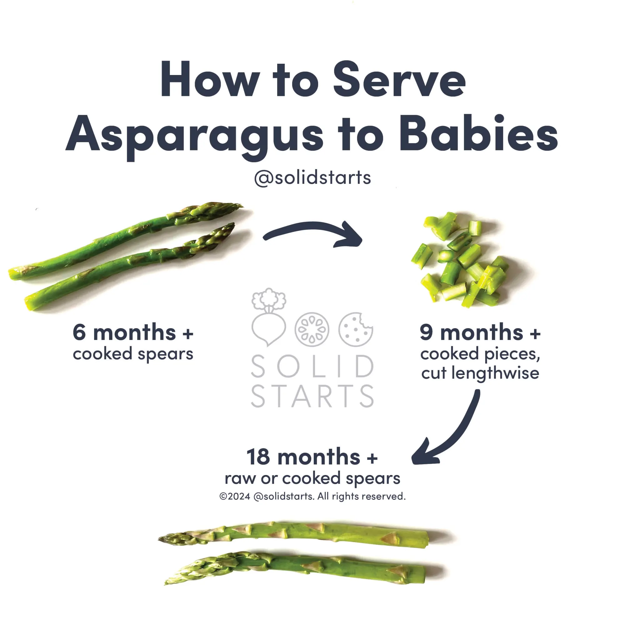 an infographic with the header "how to cut asparagus for babies: a whole cooked spear for babies 6 months+, cut lengthwise and roughly chopped for babies 9 months+, raw or cooked spears for 18 months+