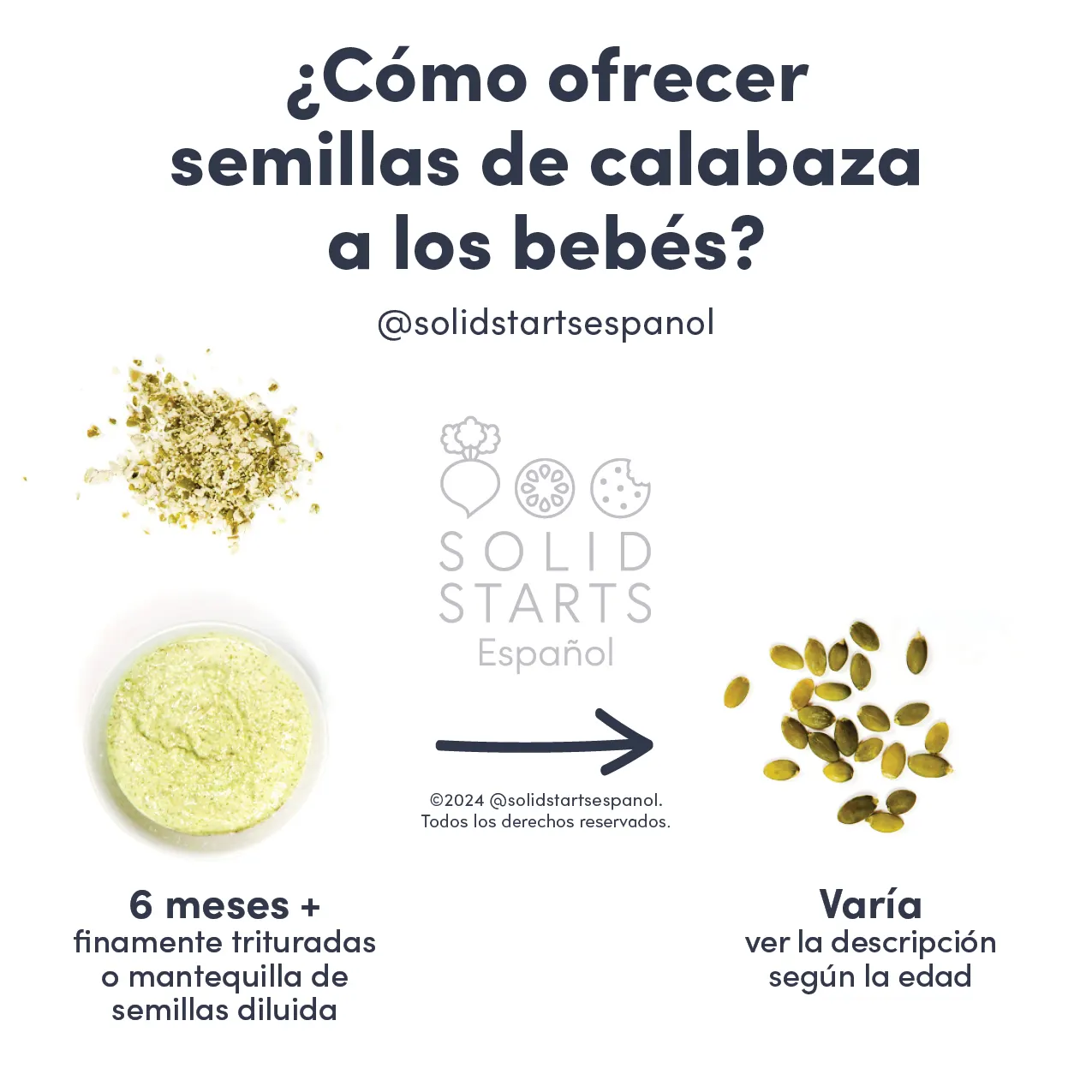a Solid Starts infographic with the header How to Serve Pumpkin Seeds to Babies: finely ground or thinned-out seed butter for 6 mos+, and age varies for whole seeds