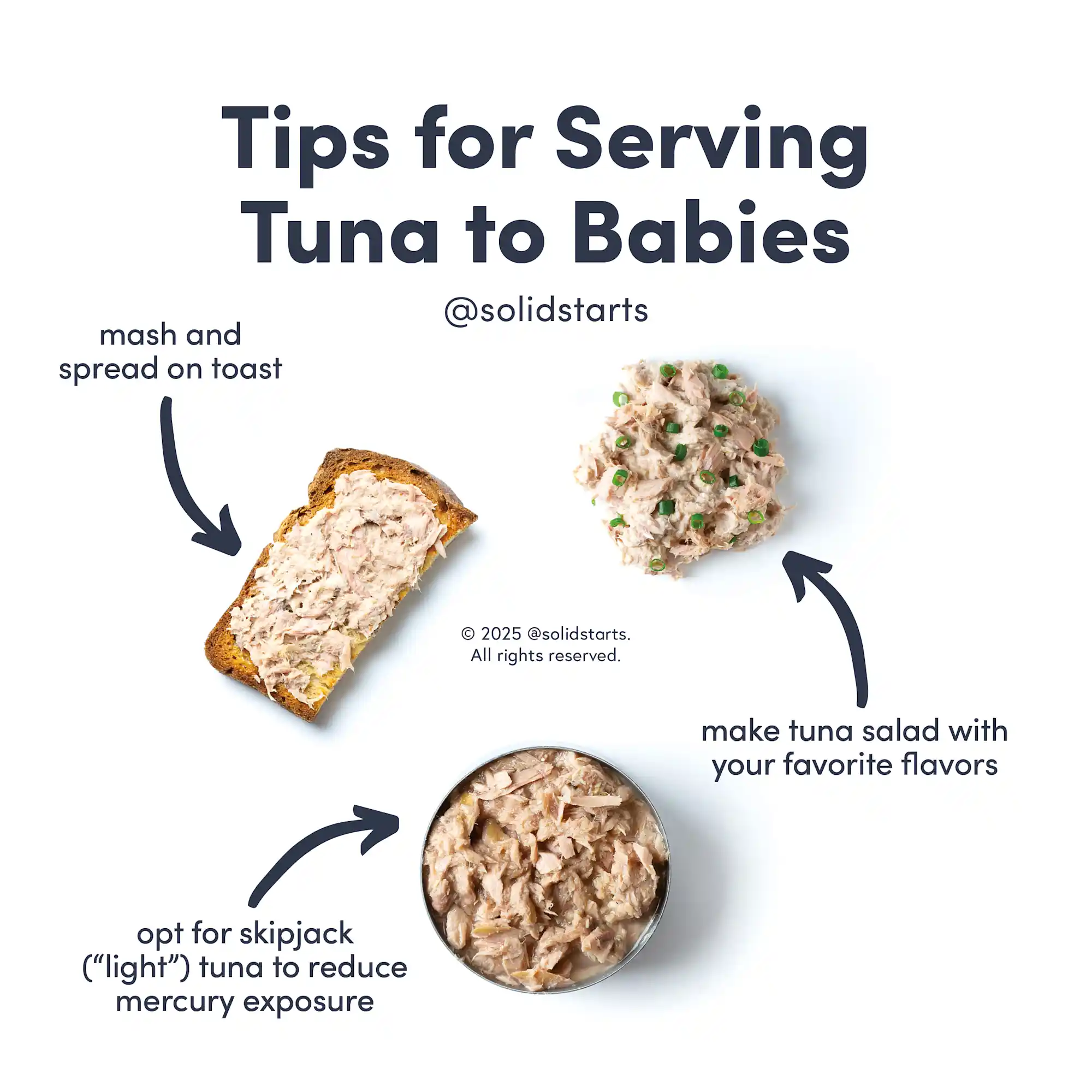 a Solid Starts infographic with the header Tips for Serving Tuna to Babies: mash and spread on toast, add your favorite herbs to tuna salad, opt for skipjack or light tuna to reduce mercury exposure