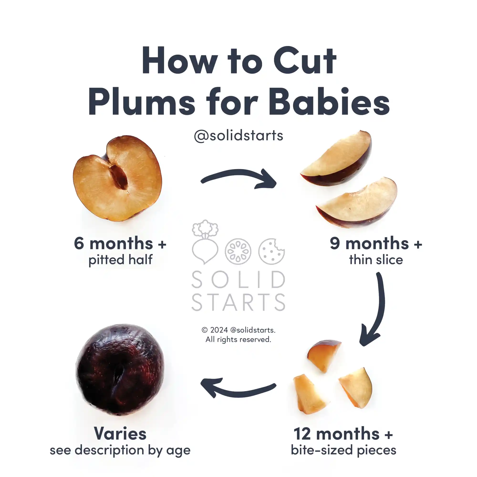 a Solid Starts infographic with the header How to Cut Plums for Babies: a halved plum (if ripe and very soft) with pit removed for babies 6 months+, thin slices of plum for 9 months+, bite size pieces for 12 months+, and Varies for whole plum
