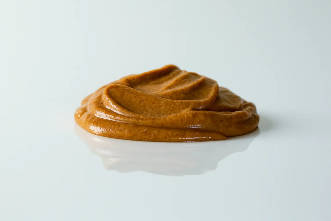 a photograph of a small pile of smooth almond butter on a reflective surface