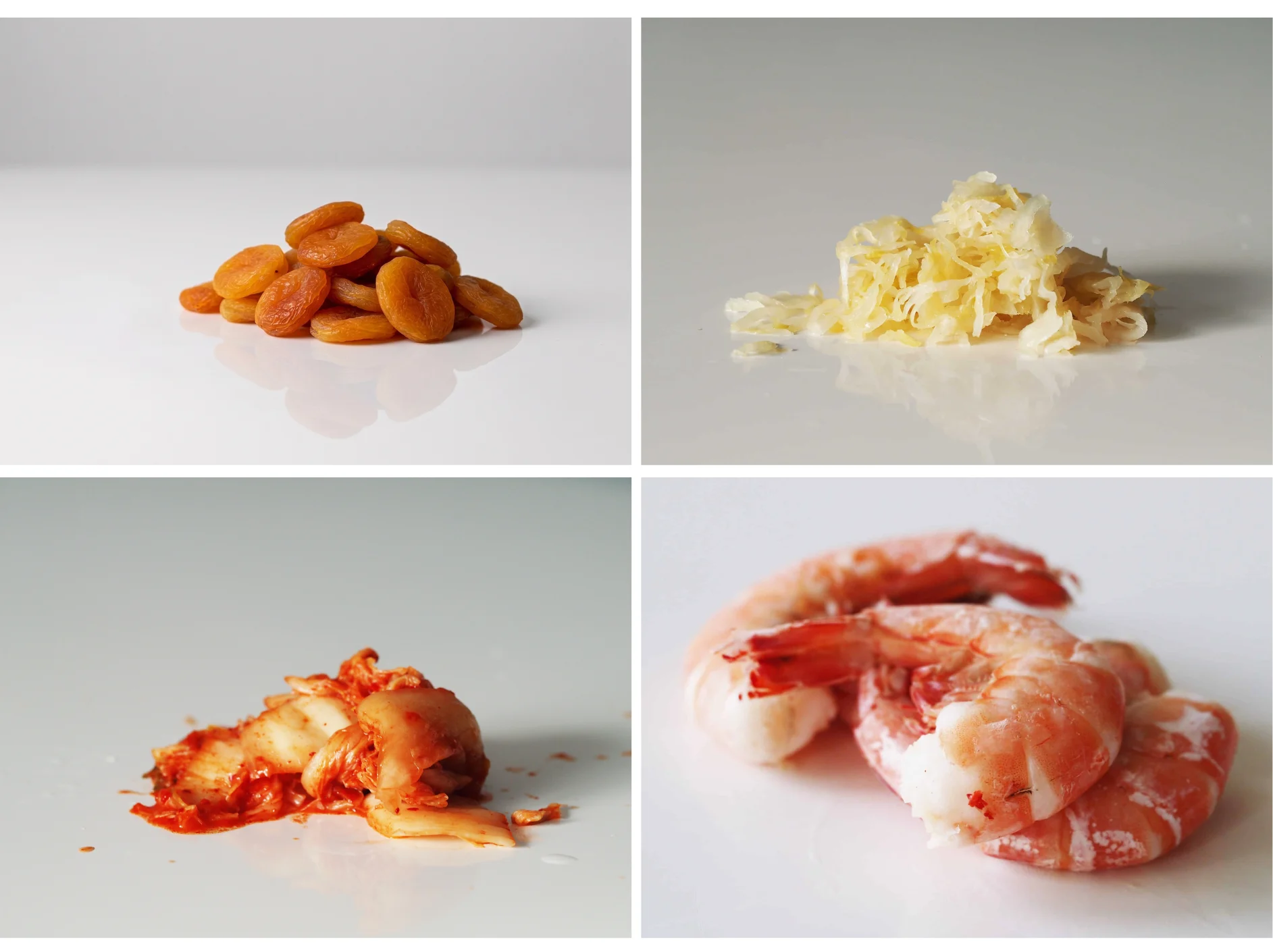 an image showing a grid of 4 photographs of food, one showing dried apricots, one showing shrimp, one showing kimchi, one showing sauerkraut