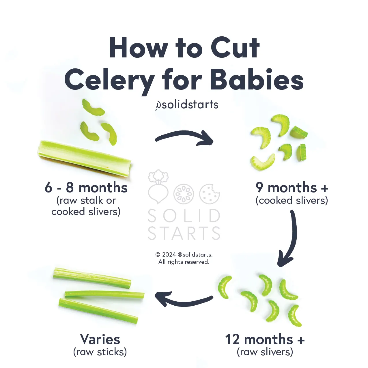 a Solid Starts infographic with the header How to Cut Celery for Babies: raw stalk or cooked slivers for 6-8 mos, cooked slivers for 9 mos+, raw slivers for 12 mos+, and age varies for raw sticks