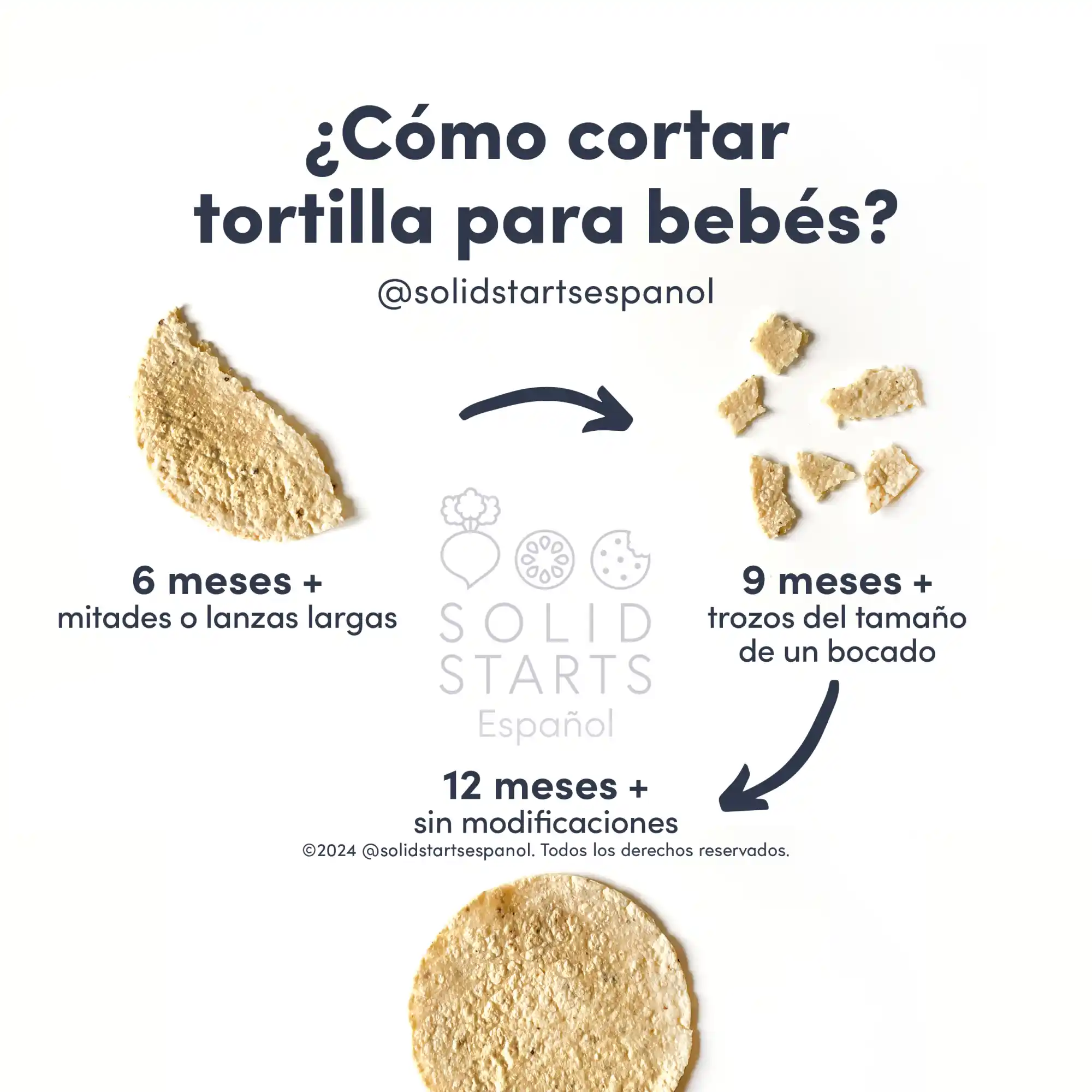 an infographic with the header "how to cut tortilla for babies": in half or long strips for 6 months+, bite-sized pieces for 9 months+, no modifications for 12 months+