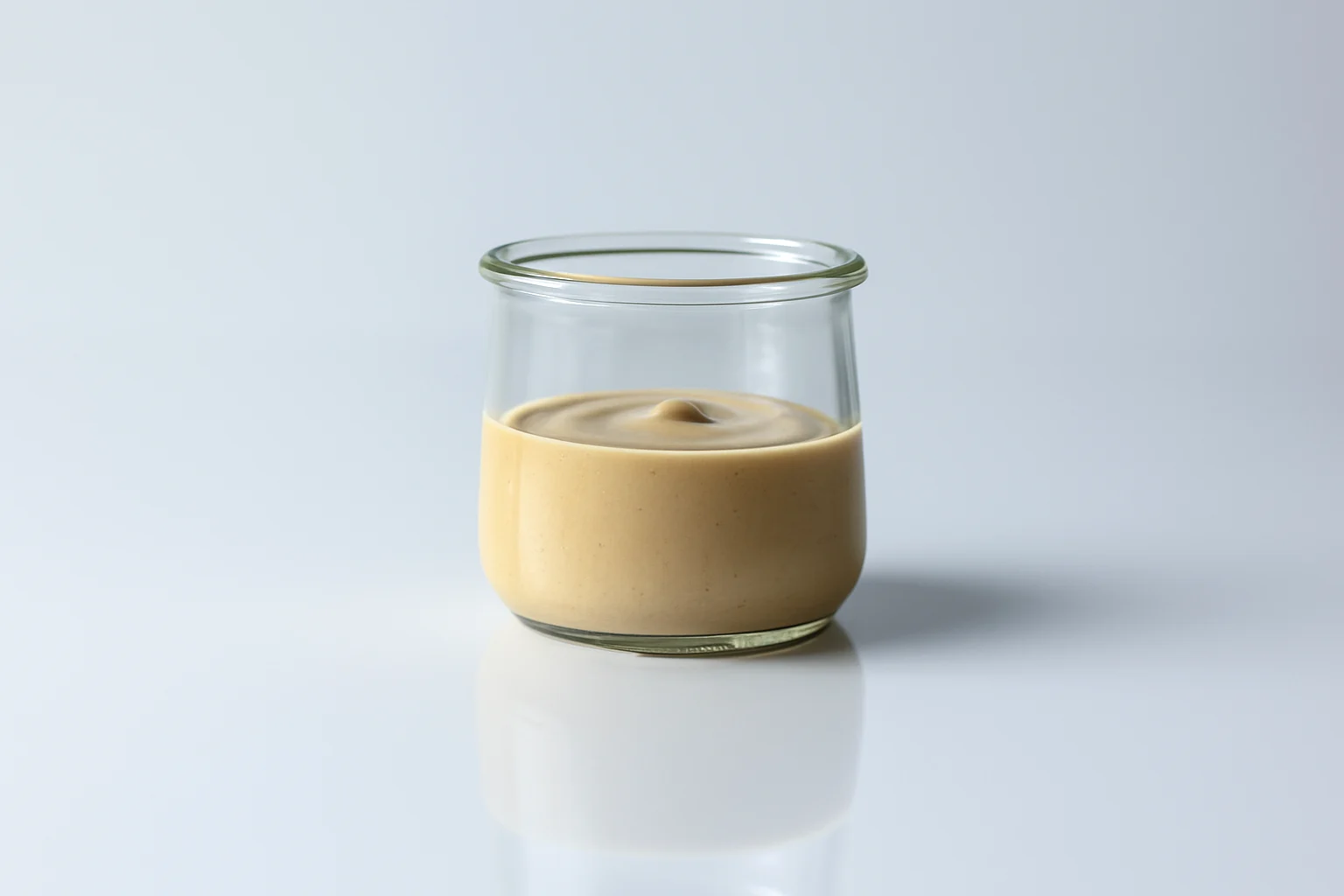 a photograph of a squat clear glass jar half full of tahini on a white reflective background