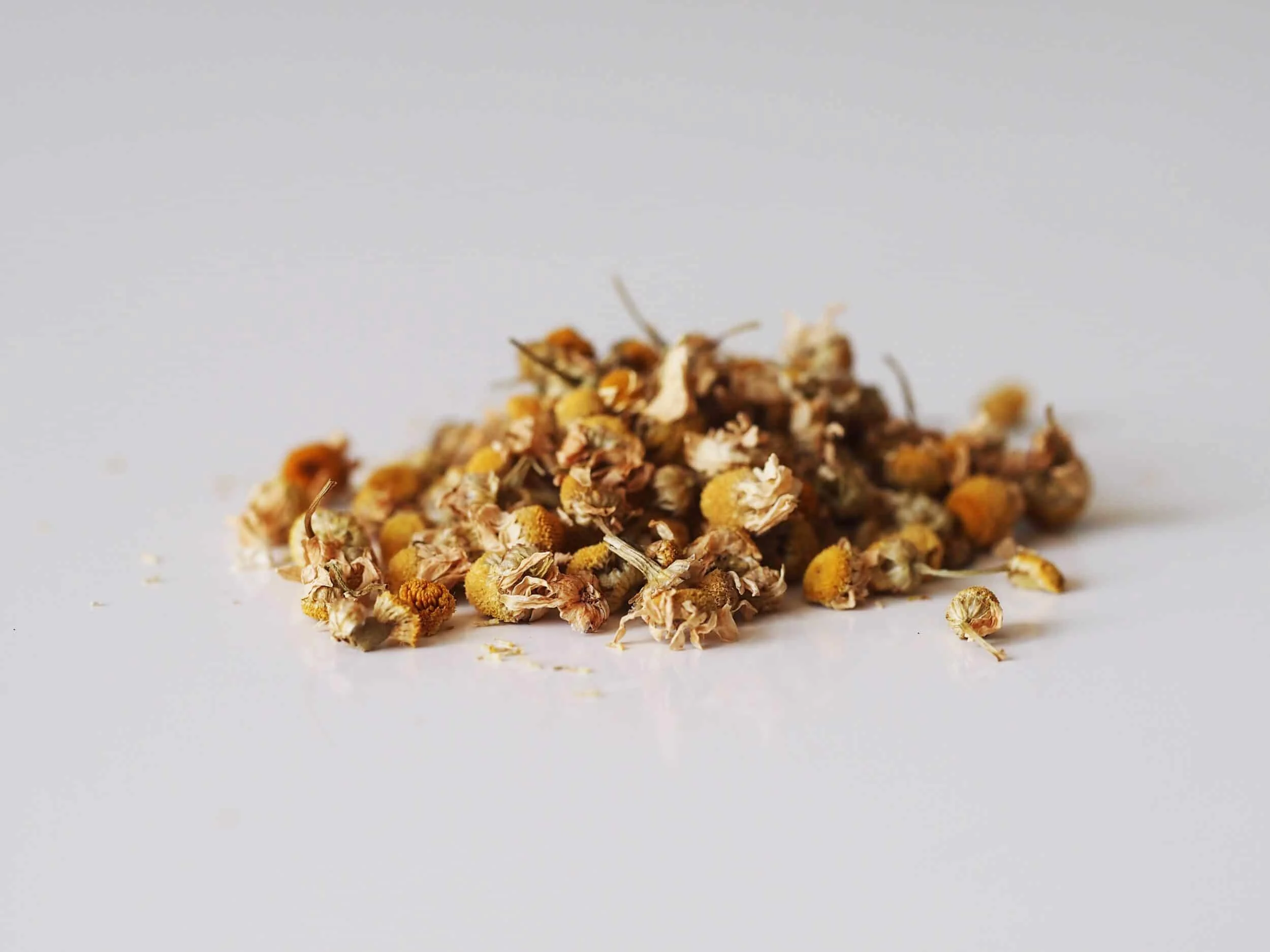 a pile of dried chamomile flowers before being prepared for babies starting solids