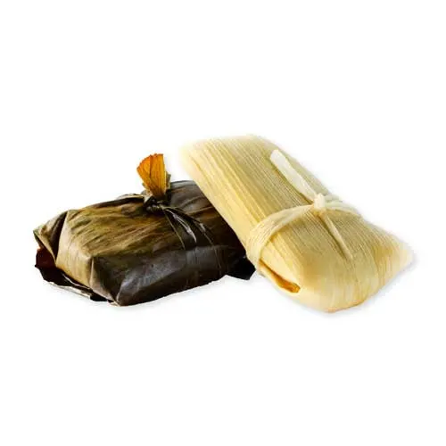 a photograph of two kinds of tamales on a white background