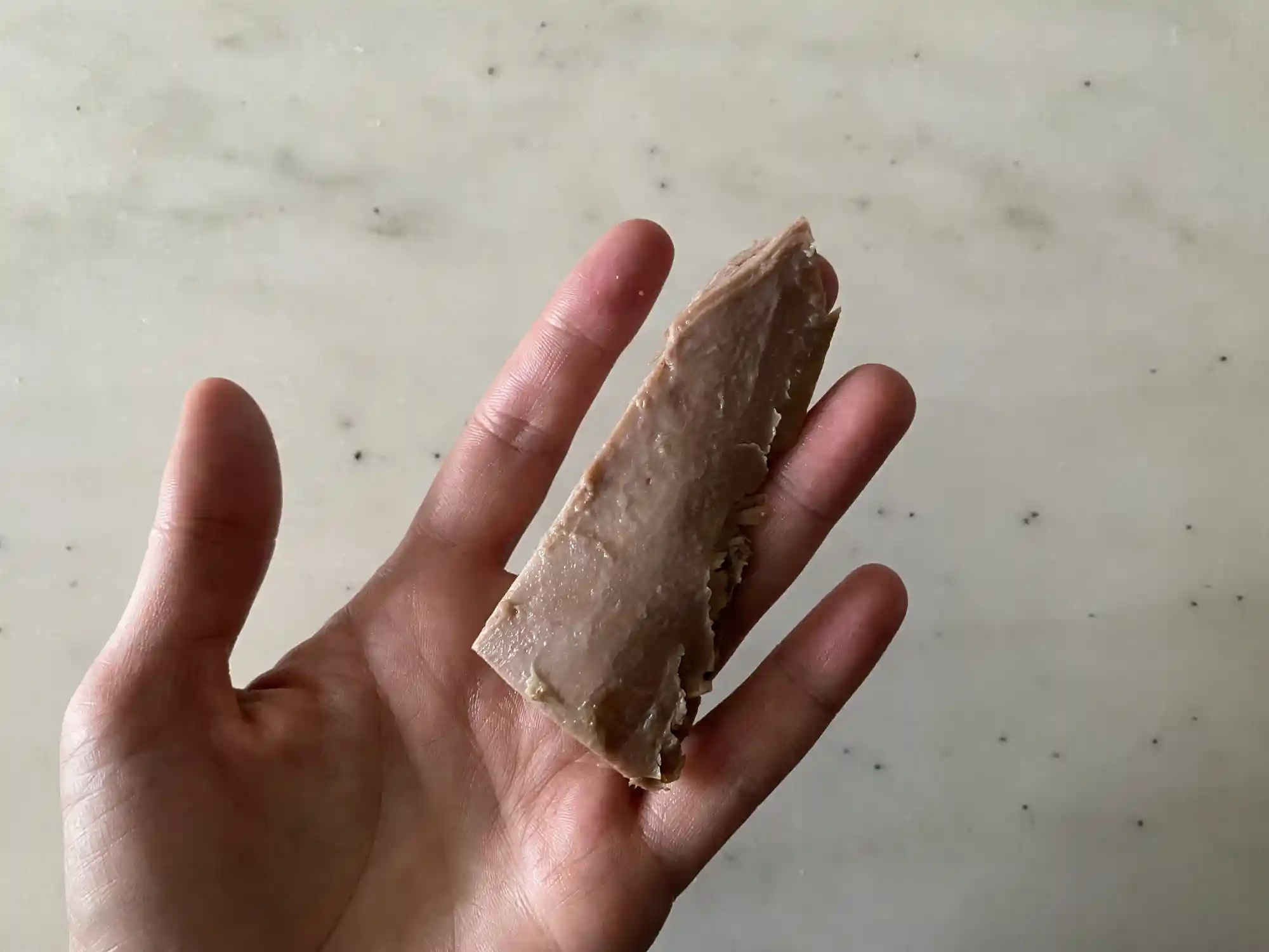 a hand holding one thick slice of cooked duck meat 