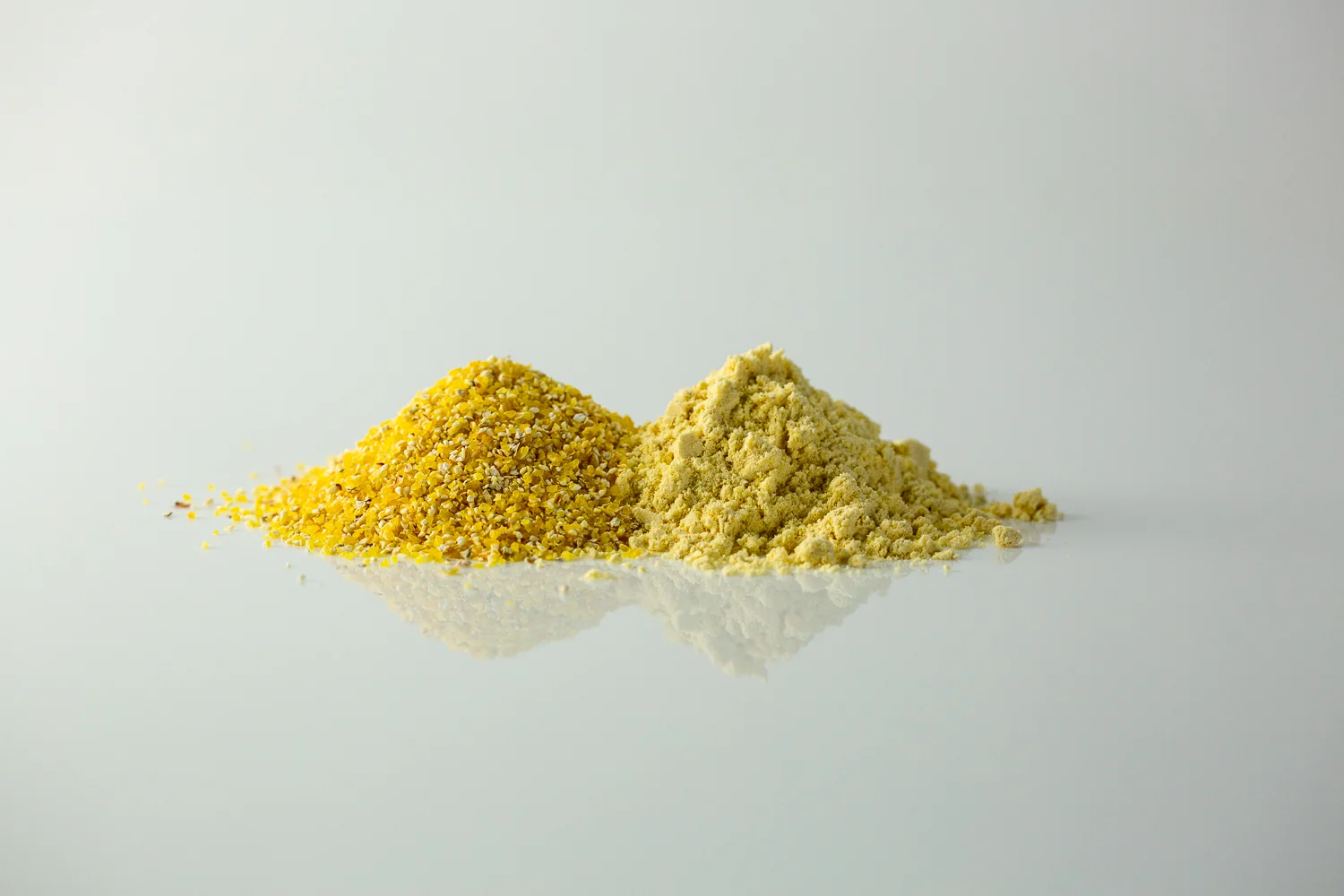 a photograph of two small piles of roughly and finely ground cornmeal on a white background