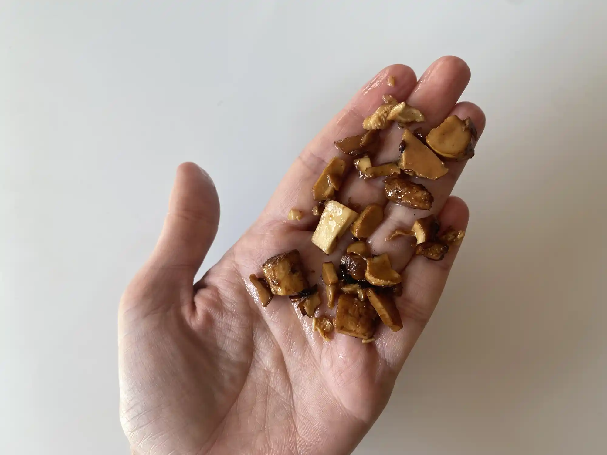 a hand holding some chopped, cooked pieces of chanterelle mushroom for babies 9 months+