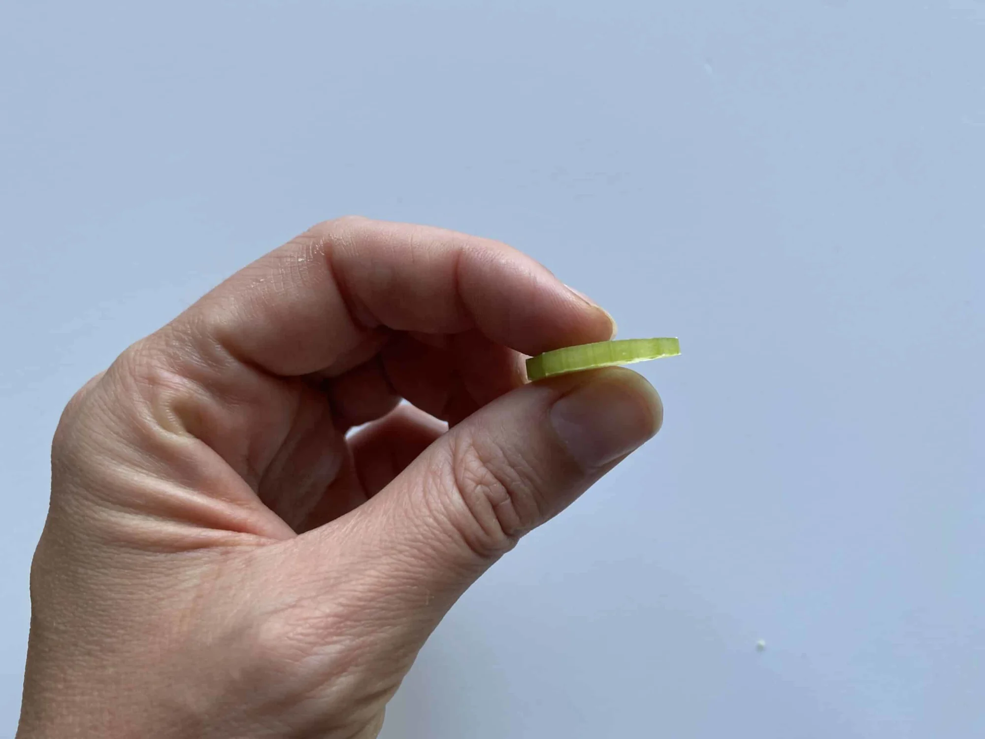 a hand holding a single half moon sliver to show its thinness