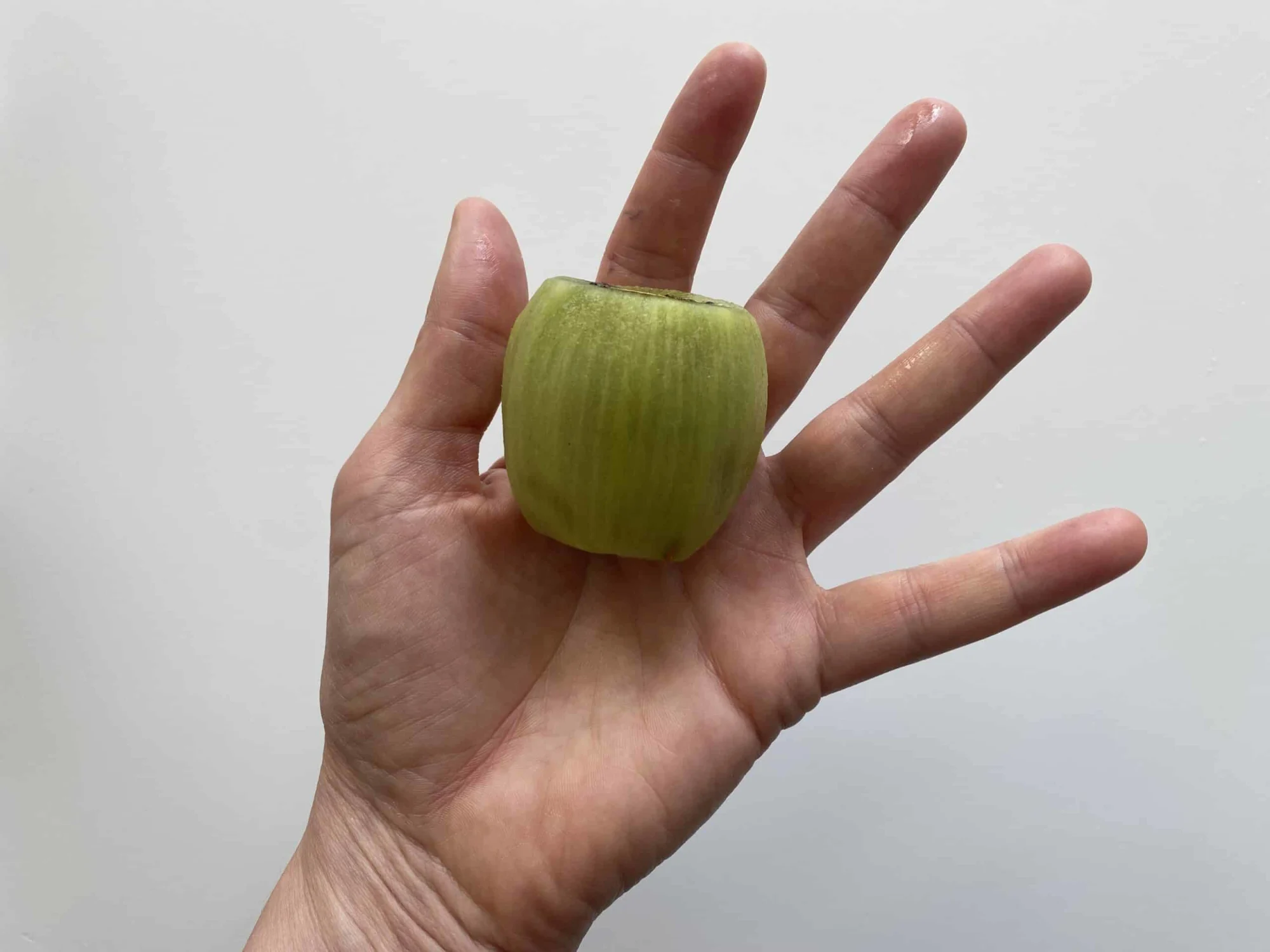 a hand holding a whole, peeled kiwi in the palm for babies starting solids