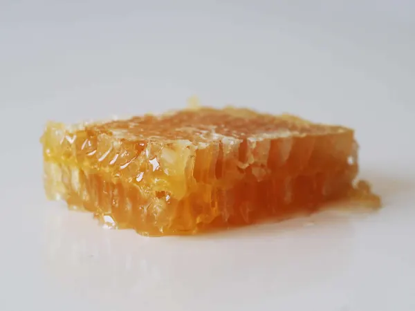 a photograph of a large piece of honeycomb with honey coming out of it on a white background