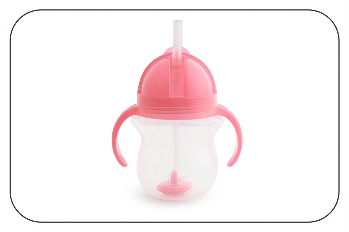 a photograph of a weighted straw cup with a clear bottom and pink top from Munchkin