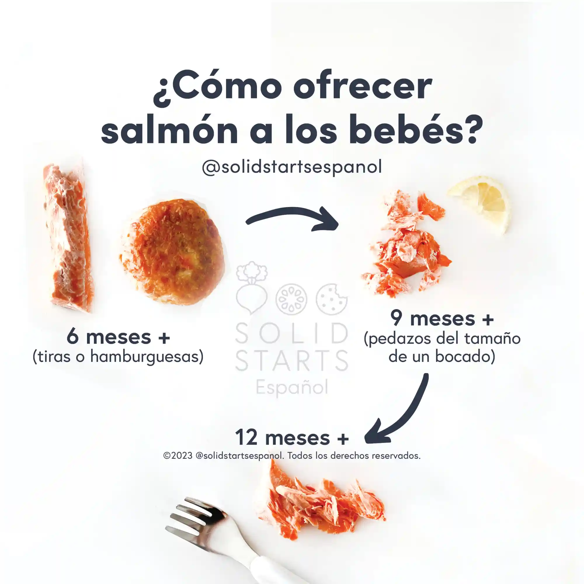 infographic showing how to serve salmon to babies by age. Images showing salmon strips for 6-12 months, bite sized salmon pieces and a salmon patty for 12-18 months, and salmon pieces next to a fork for 18 months+