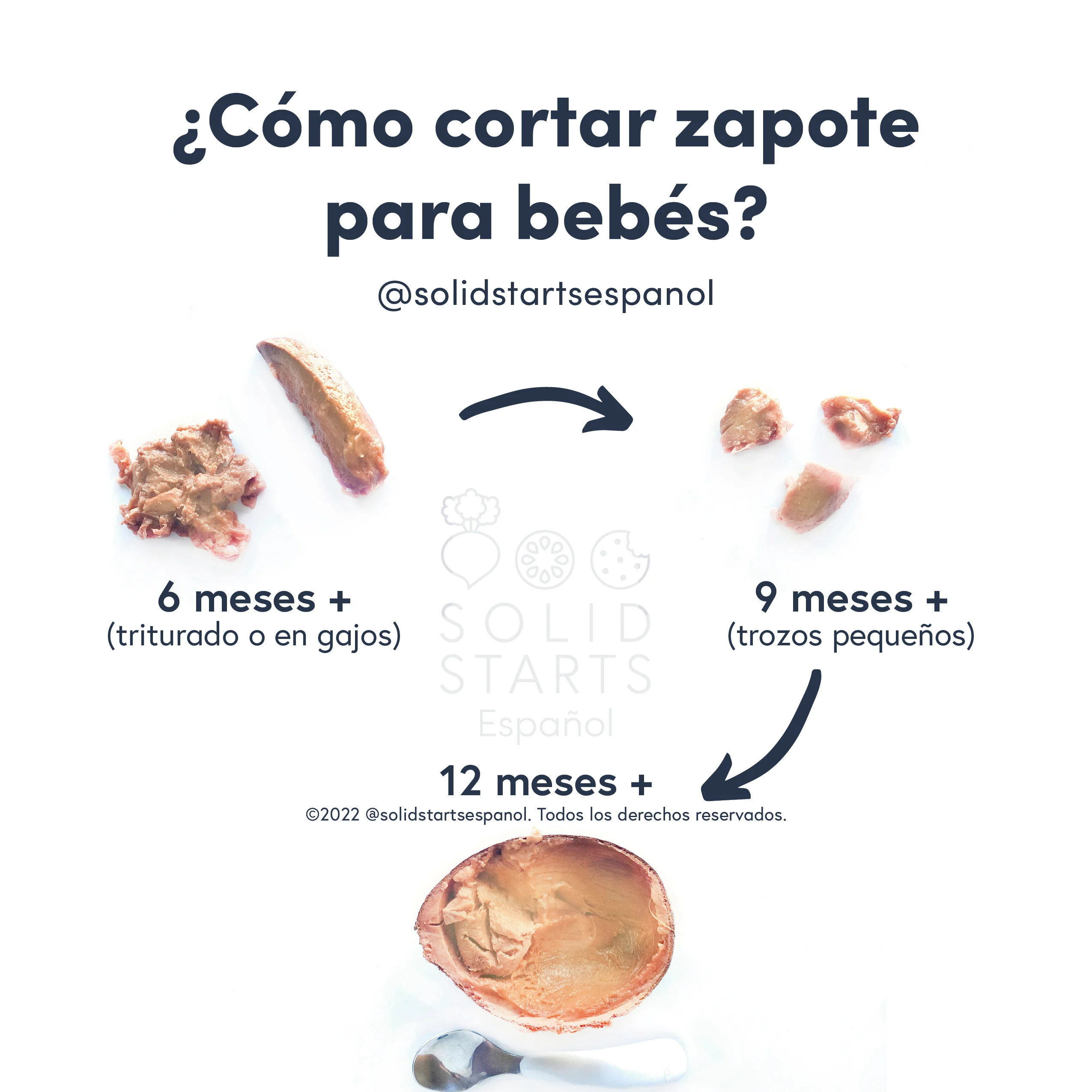 a Solid Starts infographic with the header How to Cut Zapote for Babies: mashed or wedges for 6 mos+, bite size pieces for 9 mos+, a half still in the skin with a spoon for 12 mos+