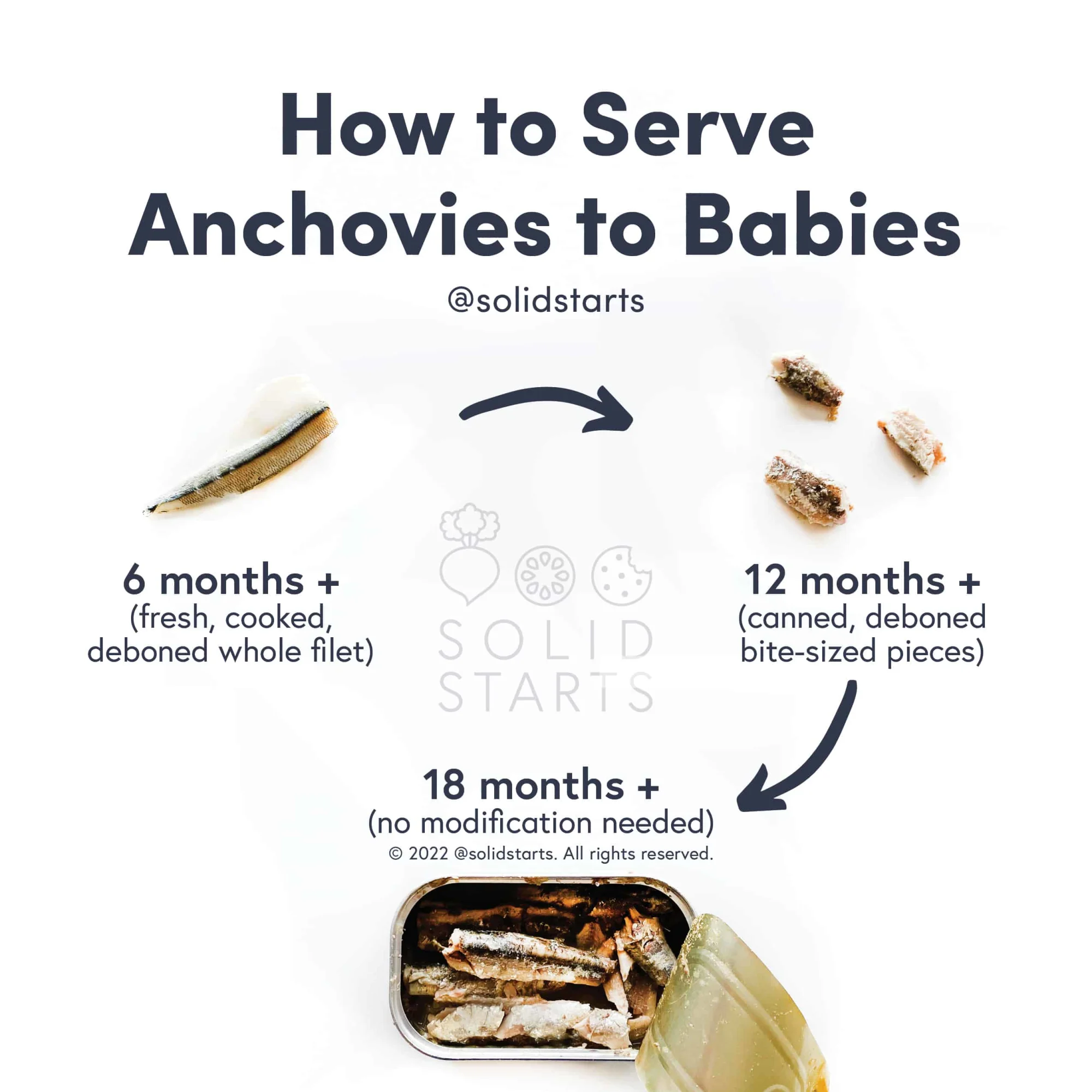 a Solid Starts infographic with the header How to Serve Anchovies to Babies: whole, cooked deboned filet (only when cooked from fresh) for 6 mos+, bite-size pieces of canned anchovy for 12 mos+, and no modifications for canned anchovies for18 mos+