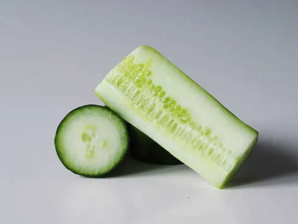 a cucumber, cut in half, before being prepared for babies starting solid food