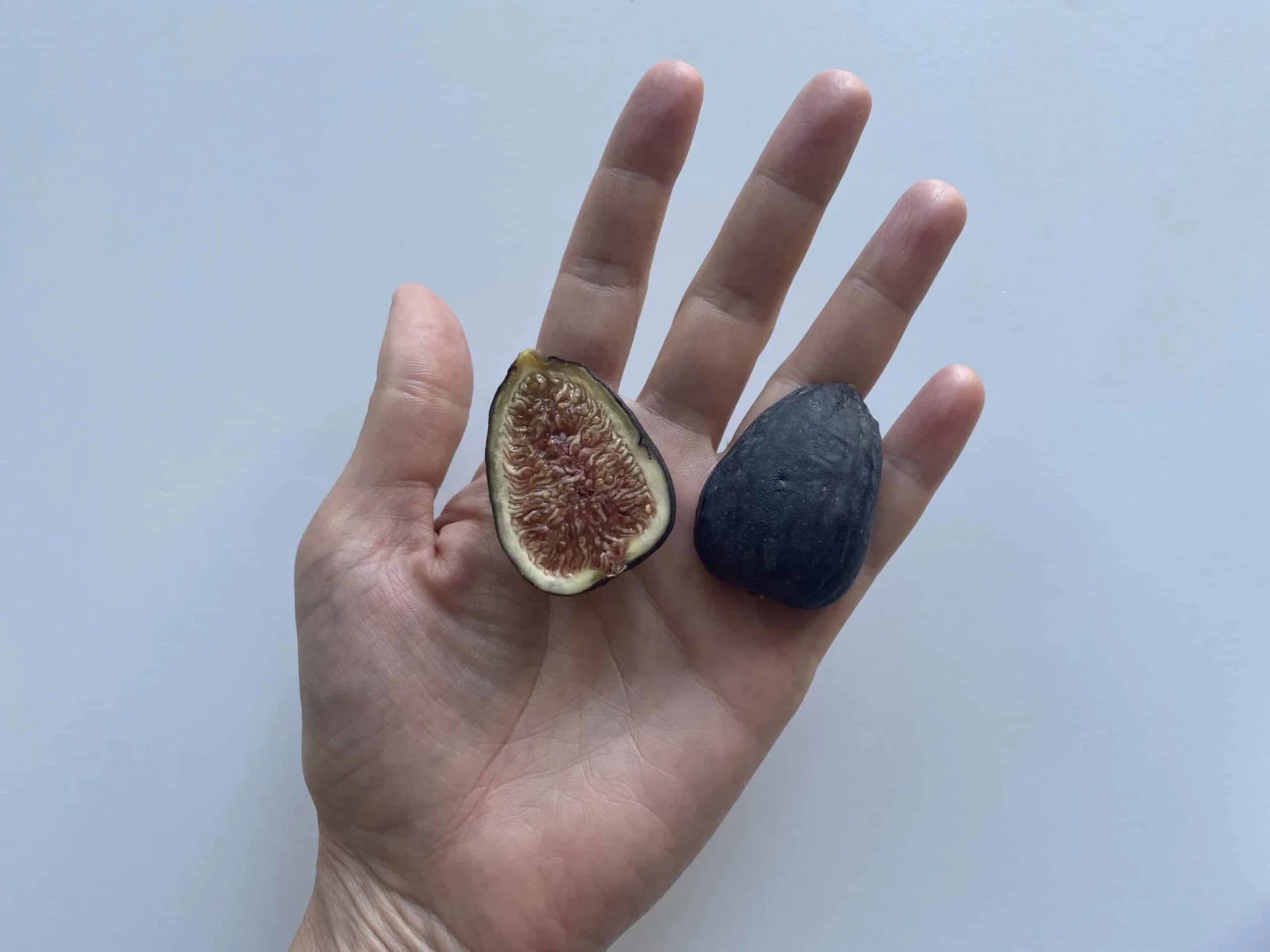 a hand holding two ripe fig halves, stem removed, for babies 6 months+