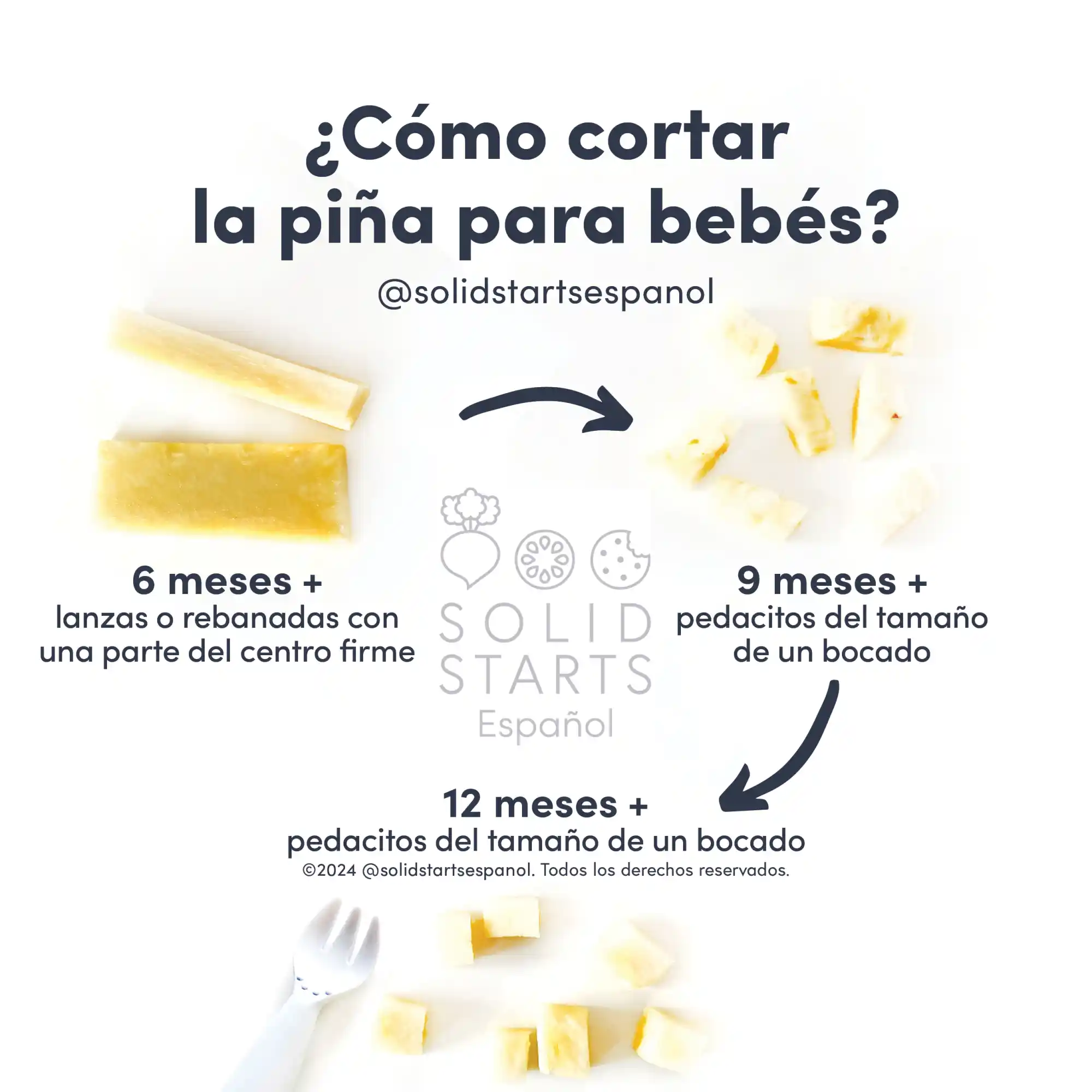an infographic with the header "how to cut pineapple for babies": long thin sticks for babies 6 months+, bite size pieces for 9 months+, and bite sized pieces with a fork for toddlers 12 months+