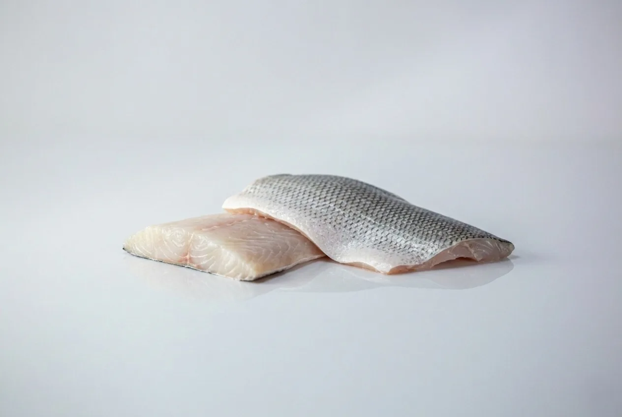 a photograph of two skin-on raw barramundi filets