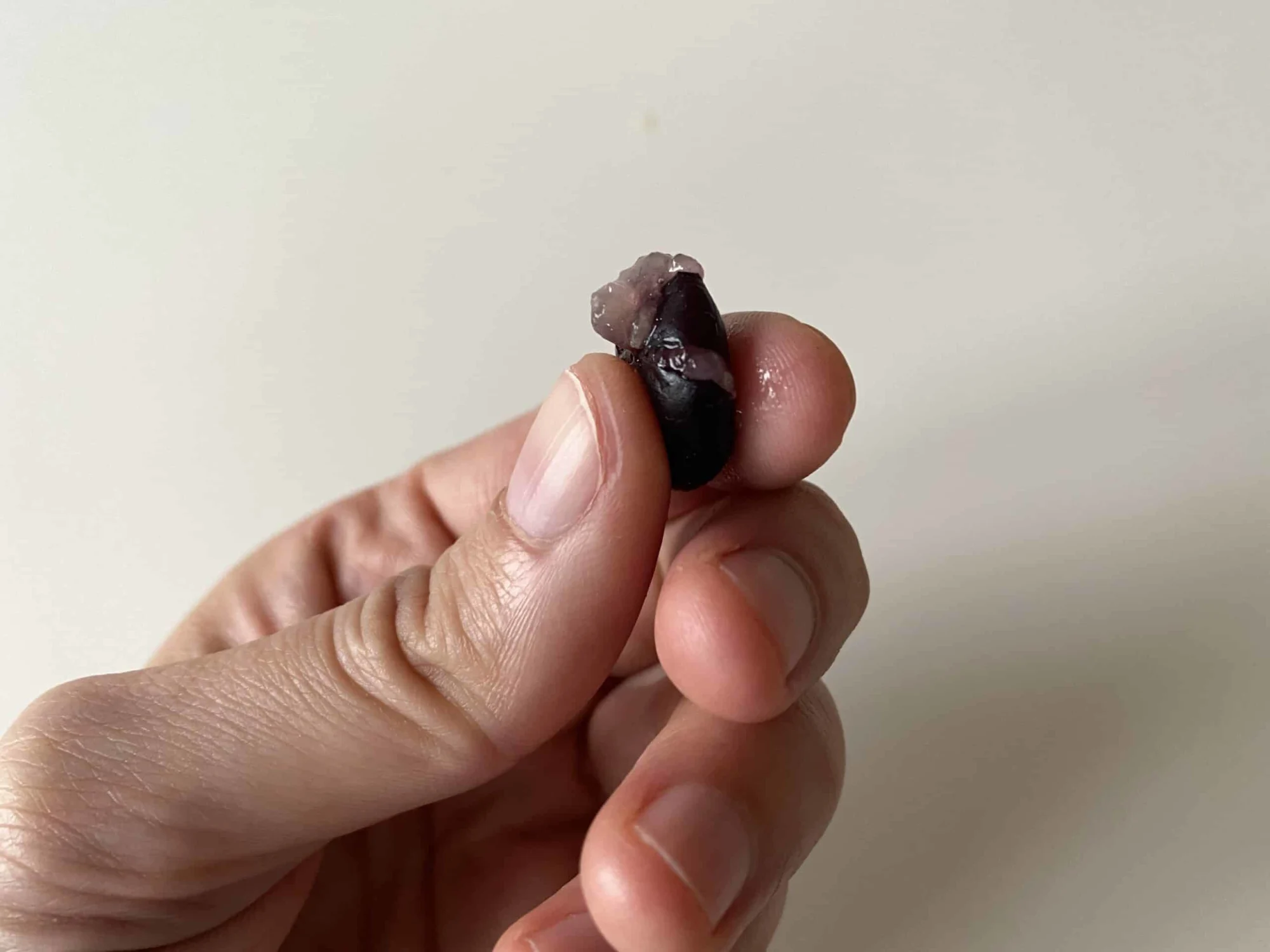 blueberry being squeezed between an index finger and thumb in order to flatten it