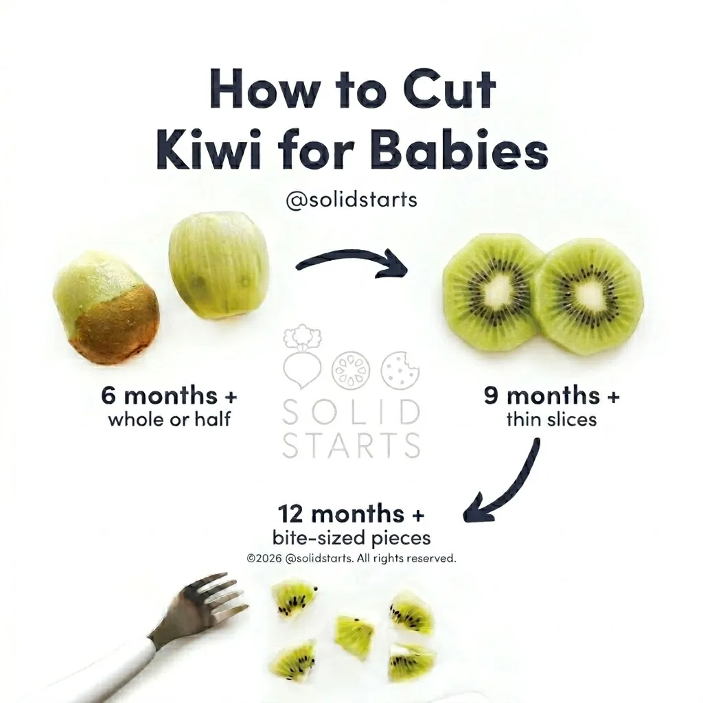 A Solid Starts infographic with the header How to Cut Kiwi for Babies: whole or halved for 6 months+, thin slices for 9 mos+, and bite-sized for 12 months+