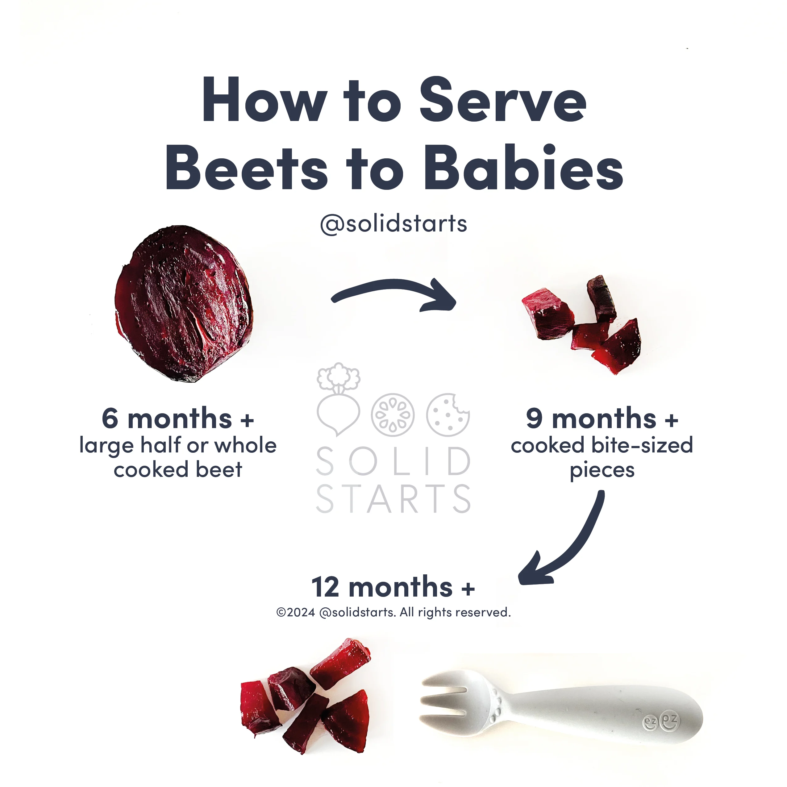an infographic with the header "how to cut beets for babies": large cooked halves or quarters for 6 months+, quarters for 9 months+, and bite-sized pieces for children 12 months+