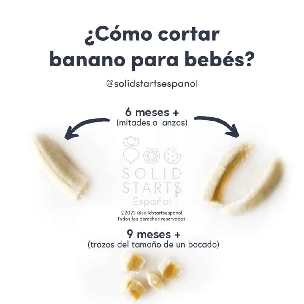 a Solid Starts infographic with the header "How to Cut Banana for Babies": a whole half or spears for 6 months, bite-sized pieces for 9 months