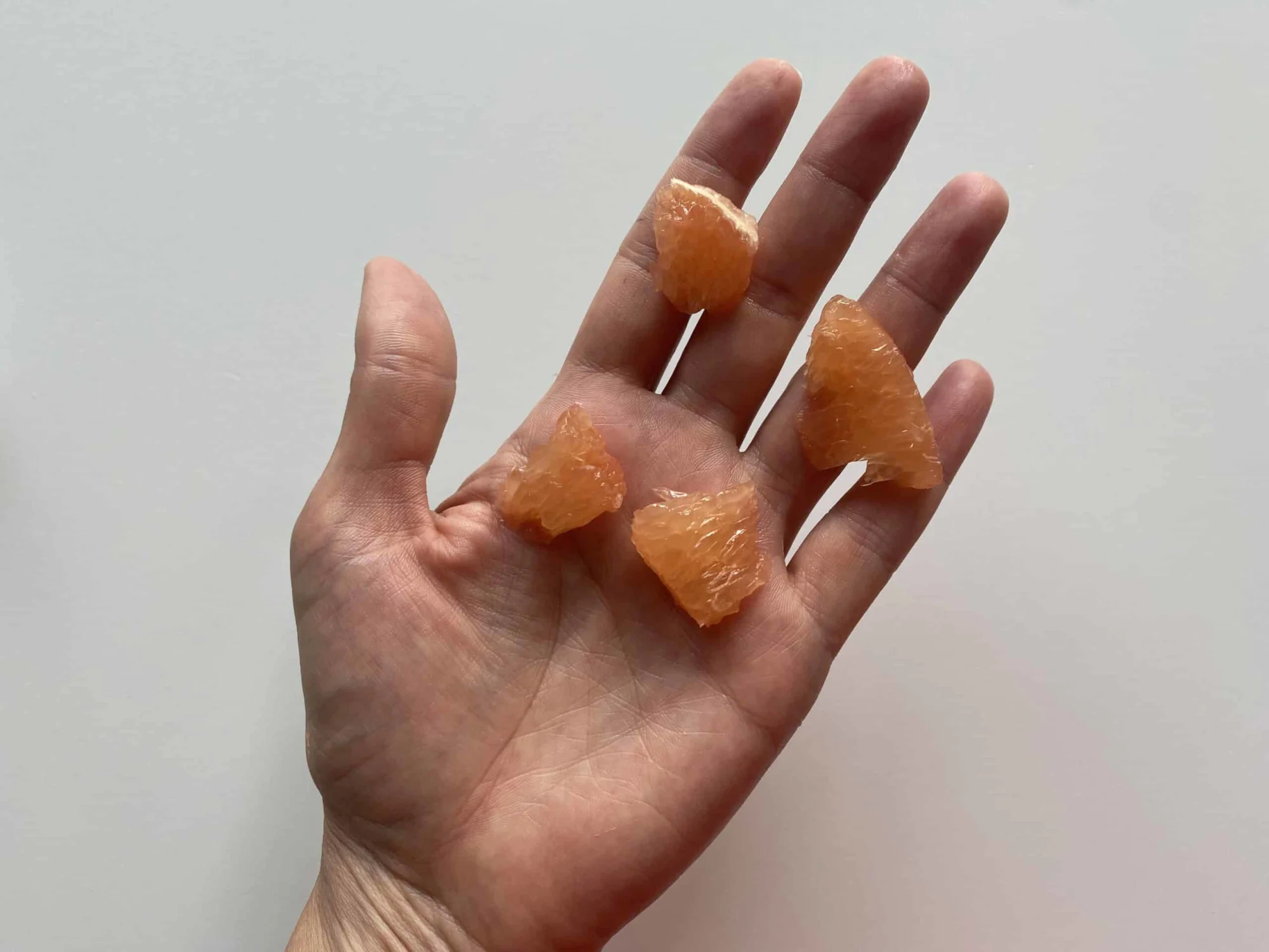 a hand holding four bite-size pieces of grapefruit with peel and membrane removed for 9 months+