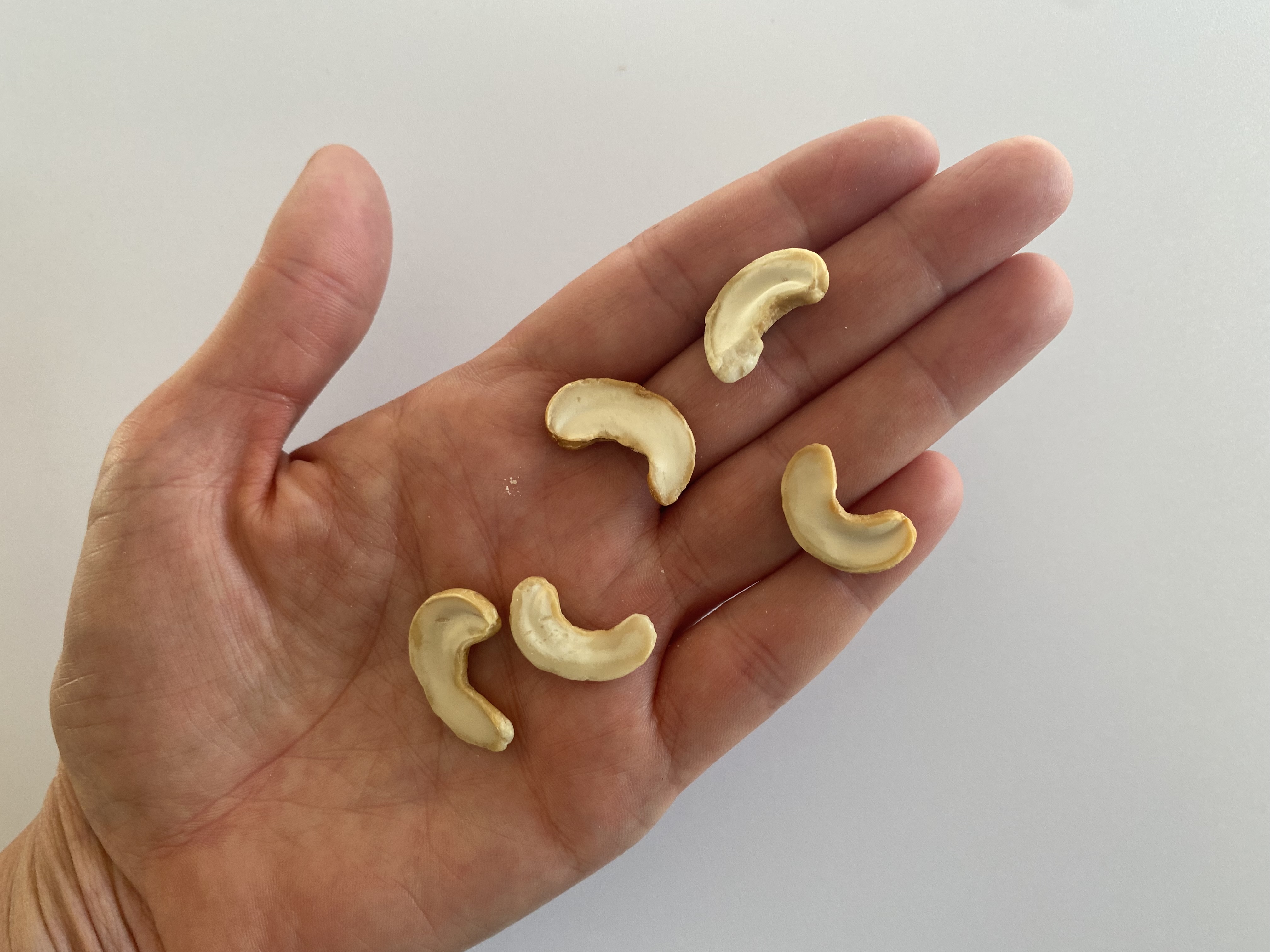 a hand holding five cashew halves