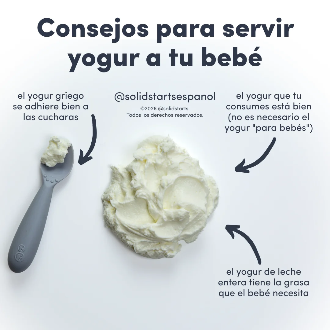 a Solid Starts infographic with the header Tips for Serving Yogurt to Babies: greek yogurt clings to spoons well, your yogurt is fine, no need for baby yogurt, and whole milk yogurt has fat baby needs