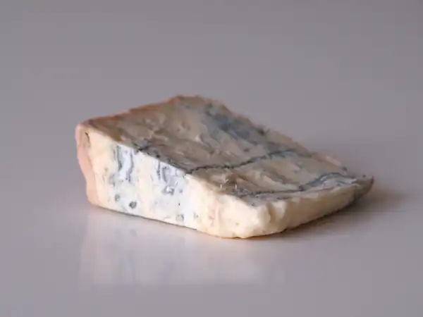 a photograph of a large wedge of gorgonzola on a white background