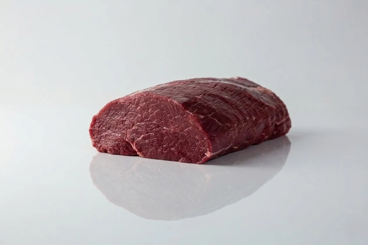 Raw Elk meat on a reflective white surface. The meat is fresh, deep red, and marbled, conveying quality and a focus on gourmet cooking.