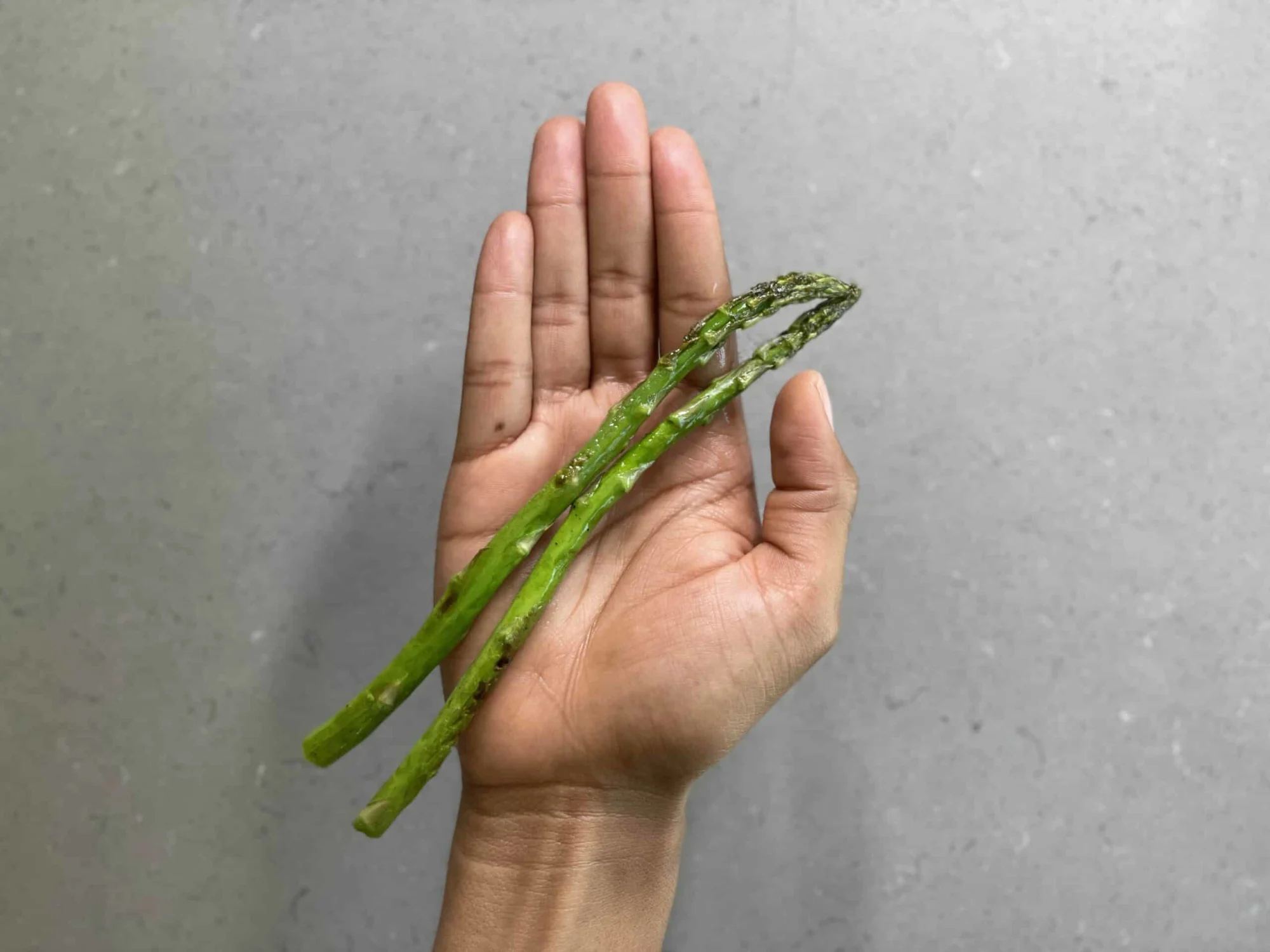 a hand holding 2 whole cooked asparagus spears for babies 6 months+