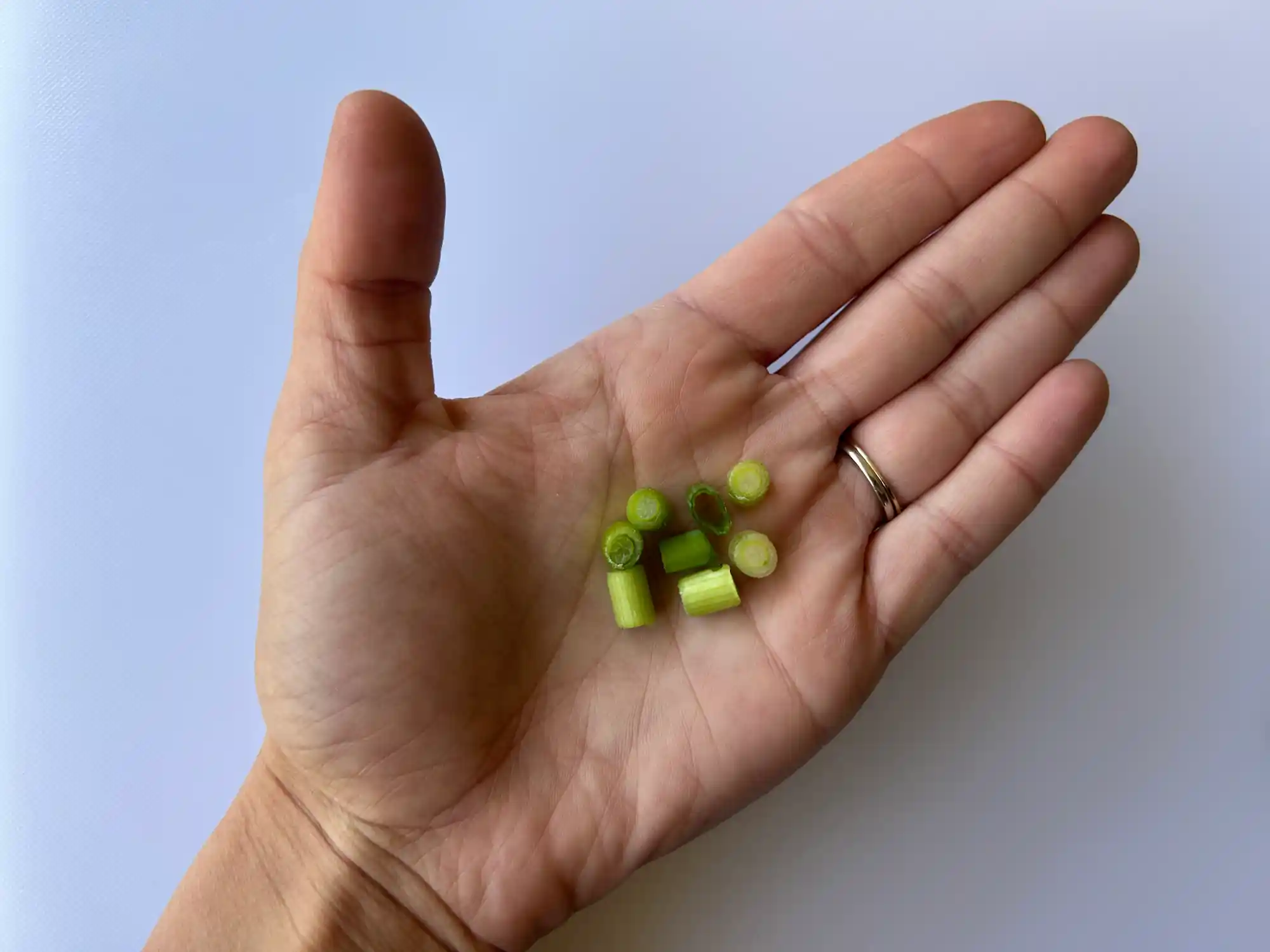 A photo of a hand holding a small pile of cooked chopped pieces of scallion